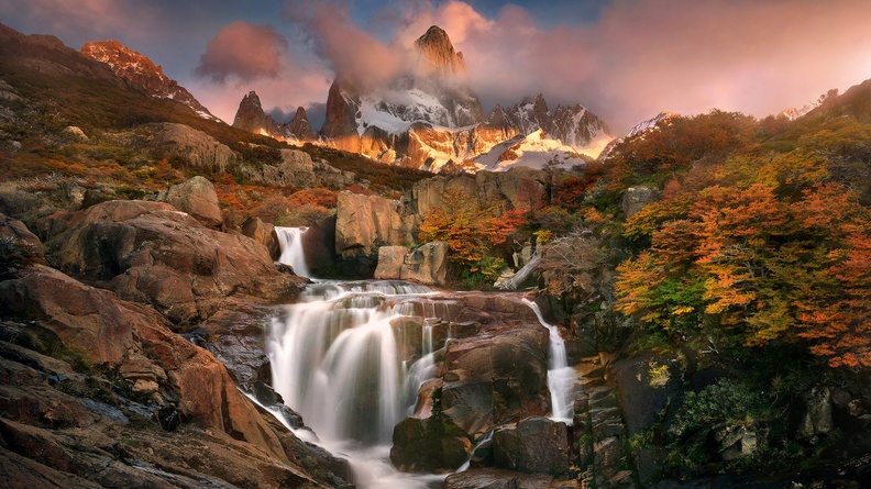 Autumn waterfall on mountain